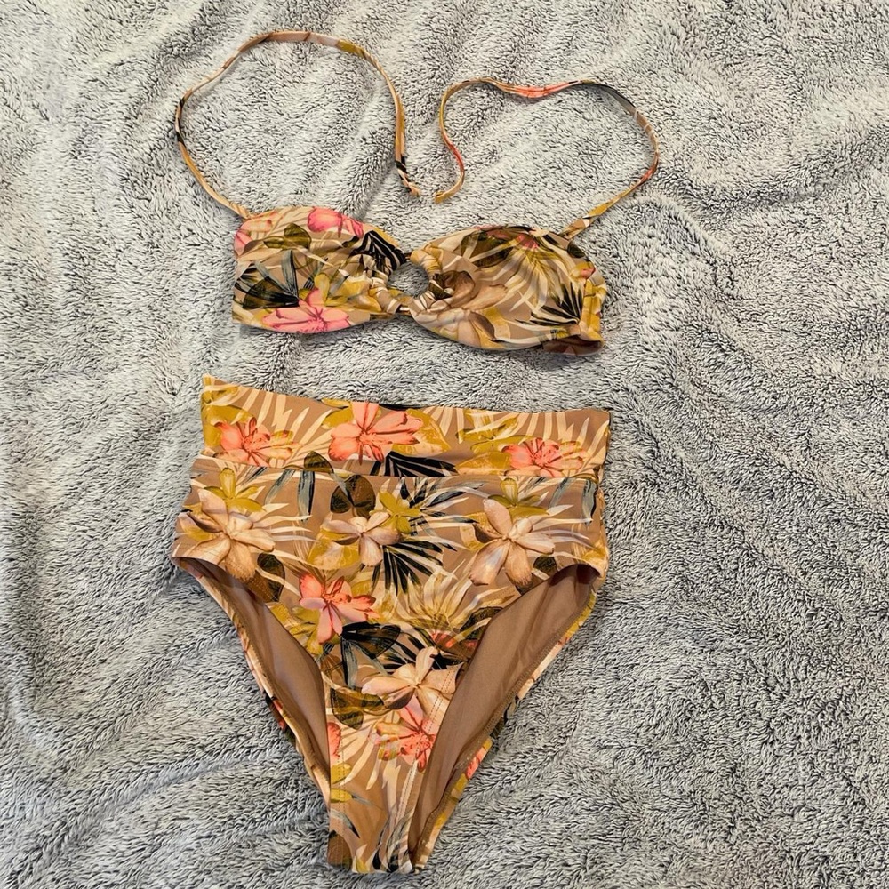 Time and Tru Floral Bikini - Tan and Pink